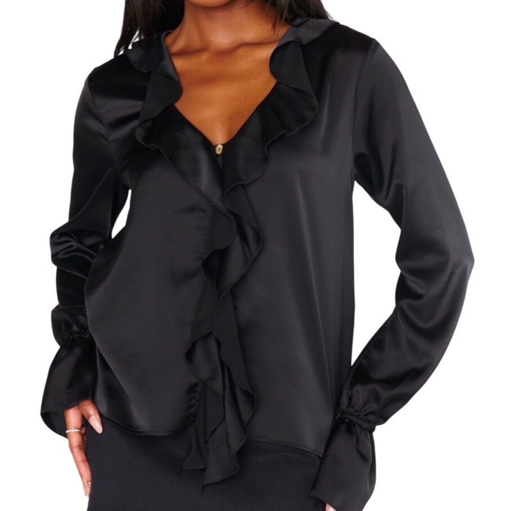 Show Me‎ Your Mumu Adela Ruffle Long Sleeve Blouse Top Black Luxe Satin Sz Large